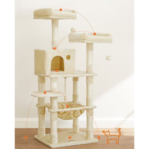 Rootz Cat Scratching Post - Cat Tree - Cat Furniture - Stable Base Plate - Sisal Poles - Plush Cover - Cozy Cat House - Viewing Platforms - Hammock - Medium Size - Staircase Design - Beige - MDF, Plush, Sisal - 55cm x 45cm x 143cm