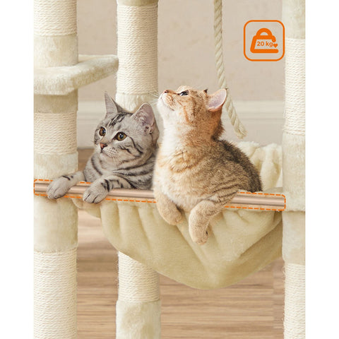 Rootz Cat Scratching Post - Cat Tree - Cat Furniture - Stable Base Plate - Sisal Poles - Plush Cover - Cozy Cat House - Viewing Platforms - Hammock - Medium Size - Staircase Design - Beige - MDF, Plush, Sisal - 55cm x 45cm x 143cm