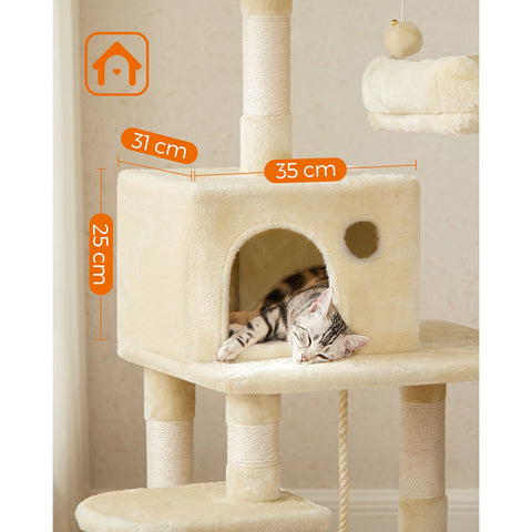Rootz Cat Scratching Post - Cat Tree - Cat Furniture - Stable Base Plate - Sisal Poles - Plush Cover - Cozy Cat House - Viewing Platforms - Hammock - Medium Size - Staircase Design - Beige - MDF, Plush, Sisal - 55cm x 45cm x 143cm