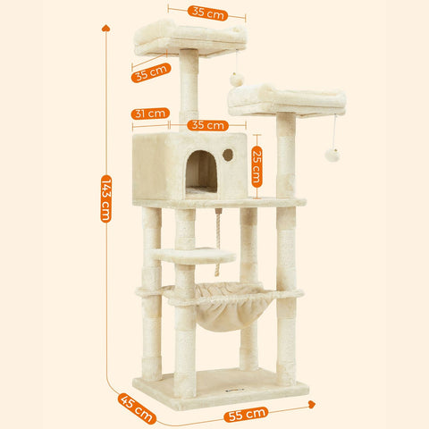 Rootz Cat Scratching Post - Cat Tree - Cat Furniture - Stable Base Plate - Sisal Poles - Plush Cover - Cozy Cat House - Viewing Platforms - Hammock - Medium Size - Staircase Design - Beige - MDF, Plush, Sisal - 55cm x 45cm x 143cm