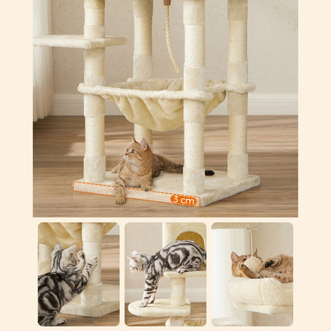Rootz Cat Scratching Post - Cat Tree - Cat Furniture - Stable Base Plate - Sisal Poles - Plush Cover - Cozy Cat House - Viewing Platforms - Hammock - Medium Size - Staircase Design - Beige - MDF, Plush, Sisal - 55cm x 45cm x 143cm