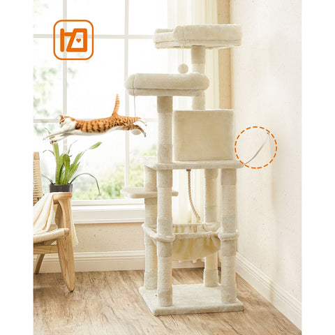 Rootz Cat Scratching Post - Cat Tree - Cat Furniture - Stable Base Plate - Sisal Poles - Plush Cover - Cozy Cat House - Viewing Platforms - Hammock - Medium Size - Staircase Design - Beige - MDF, Plush, Sisal - 55cm x 45cm x 143cm
