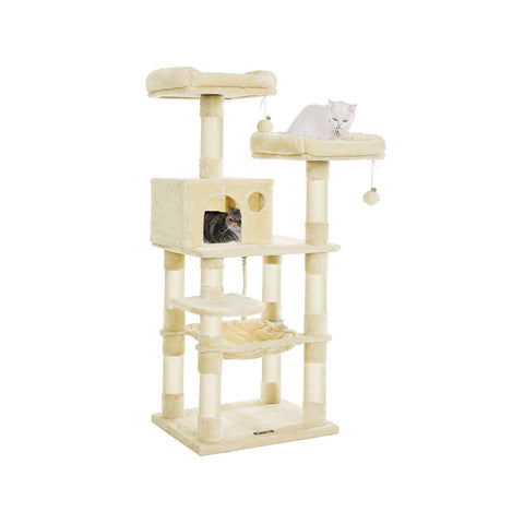 Rootz Cat Scratching Post - Cat Tree - Cat Furniture - Stable Base Plate - Sisal Poles - Plush Cover - Cozy Cat House - Viewing Platforms - Hammock - Medium Size - Staircase Design - Beige - MDF, Plush, Sisal - 55cm x 45cm x 143cm