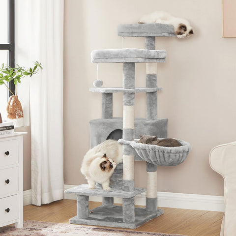 Rootz Cat Scratching Post - Cat Tree - Cat Condo - 2 Viewing Platforms - Cozy Cave - Fluffy Lounger - Sisal Trunks - Sturdy Structure - Fur Ball - Light Gray - Chipboard, Plush, Sisal - 50cm x 45cm x 142cm