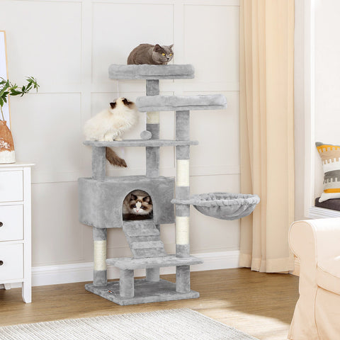 Rootz Cat Scratching Post - Cat Tree - Cat Condo - 2 Viewing Platforms - Cozy Cave - Fluffy Lounger - Sisal Trunks - Sturdy Structure - Fur Ball - Light Gray - Chipboard, Plush, Sisal - 50cm x 45cm x 142cm