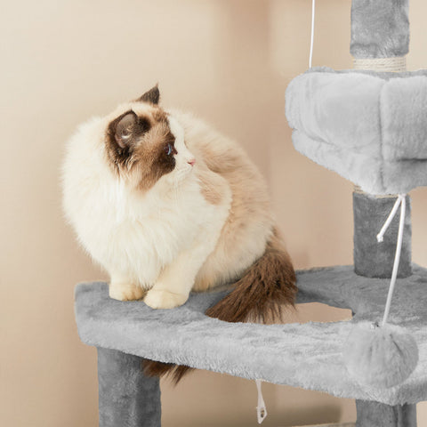 Rootz Cat Scratching Post - Cat Tree - Cat Condo - 2 Viewing Platforms - Cozy Cave - Fluffy Lounger - Sisal Trunks - Sturdy Structure - Fur Ball - Light Gray - Chipboard, Plush, Sisal - 50cm x 45cm x 142cm