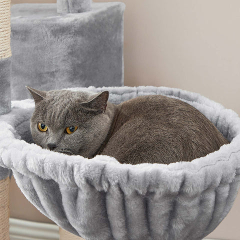 Rootz Cat Scratching Post - Cat Tree - Cat Condo - 2 Viewing Platforms - Cozy Cave - Fluffy Lounger - Sisal Trunks - Sturdy Structure - Fur Ball - Light Gray - Chipboard, Plush, Sisal - 50cm x 45cm x 142cm