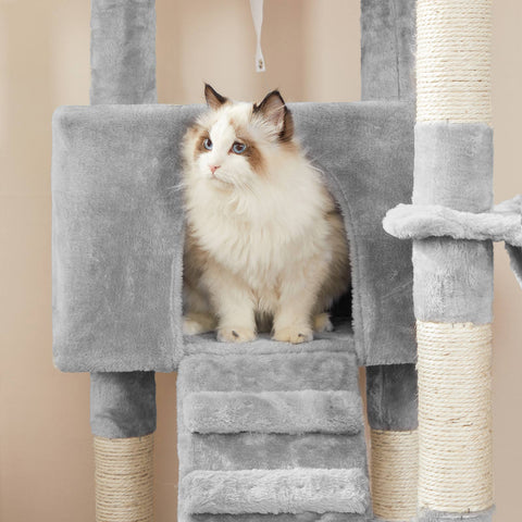 Rootz Cat Scratching Post - Cat Tree - Cat Condo - 2 Viewing Platforms - Cozy Cave - Fluffy Lounger - Sisal Trunks - Sturdy Structure - Fur Ball - Light Gray - Chipboard, Plush, Sisal - 50cm x 45cm x 142cm