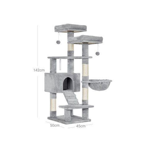 Rootz Cat Scratching Post - Cat Tree - Cat Condo - 2 Viewing Platforms - Cozy Cave - Fluffy Lounger - Sisal Trunks - Sturdy Structure - Fur Ball - Light Gray - Chipboard, Plush, Sisal - 50cm x 45cm x 142cm