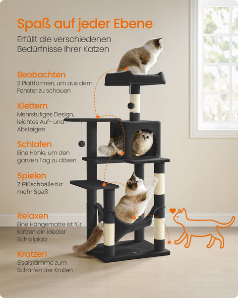 Rootz Cat Scratching Post - Cat Tree - Cat Playground - Chipboard Plush Sisal - 55cm x 45cm x 143cm