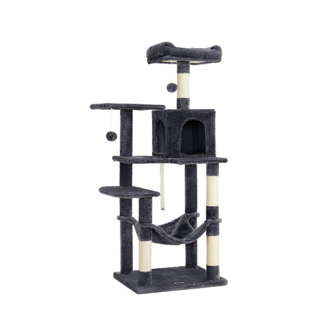 Rootz Cat Scratching Post - Cat Tree - Cat Condo - Durable Plush Cover - Cozy Cave - Sturdy Hammock - Viewing Platform - Fur Ball - Smoke Gray - Chipboard - Sisal - 55cm x 45cm x 143cm