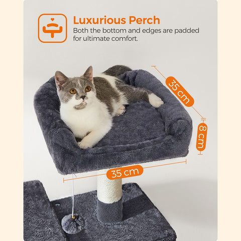 Rootz Cat Scratching Post - Cat Tree - Cat Condo - Durable Plush Cover - Cozy Cave - Sturdy Hammock - Viewing Platform - Fur Ball - Smoke Gray - Chipboard - Sisal - 55cm x 45cm x 143cm