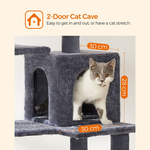 Rootz Cat Scratching Post - Cat Tree - Cat Condo - Durable Plush Cover - Cozy Cave - Sturdy Hammock - Viewing Platform - Fur Ball - Smoke Gray - Chipboard - Sisal - 55cm x 45cm x 143cm