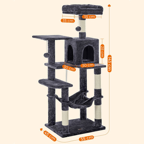 Rootz Cat Scratching Post - Cat Tree - Cat Condo - Durable Plush Cover - Cozy Cave - Sturdy Hammock - Viewing Platform - Fur Ball - Smoke Gray - Chipboard - Sisal - 55cm x 45cm x 143cm