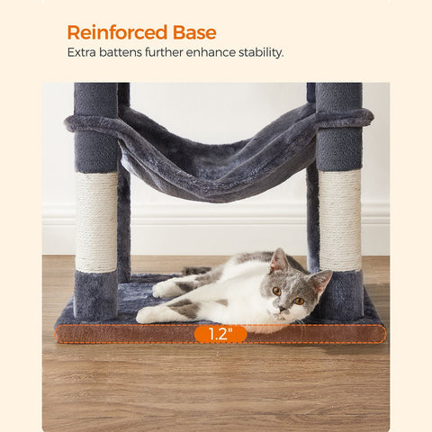 Rootz Cat Scratching Post - Cat Tree - Cat Condo - Durable Plush Cover - Cozy Cave - Sturdy Hammock - Viewing Platform - Fur Ball - Smoke Gray - Chipboard - Sisal - 55cm x 45cm x 143cm