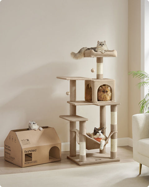 Rootz Scratching Post Cat Tree - Cat Scratcher - Cat Tower - Chipboard - Plush - Sisal - 55cm x 45cm x 143cm - Ideal for 4 Cats - 40kg Capacity
