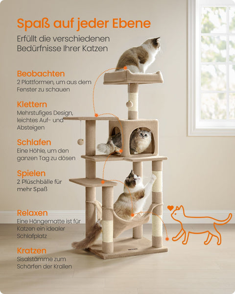 Rootz Scratching Post Cat Tree - Cat Scratcher - Cat Tower - Chipboard - Plush - Sisal - 55cm x 45cm x 143cm - Ideal for 4 Cats - 40kg Capacity
