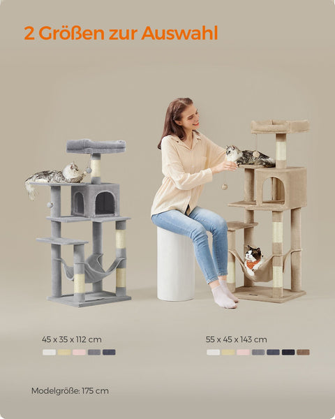 Rootz Scratching Post Cat Tree - Cat Scratcher - Cat Tower - Chipboard - Plush - Sisal - 55cm x 45cm x 143cm - Ideal for 4 Cats - 40kg Capacity