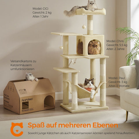 Rootz Cat Scratching Post - Cat Tree - Cat Condo - Chipboard - Plush - Sisal Scratcher - 55cm x 45cm x 143cm - Beige - 13kg - 40kg Capacity