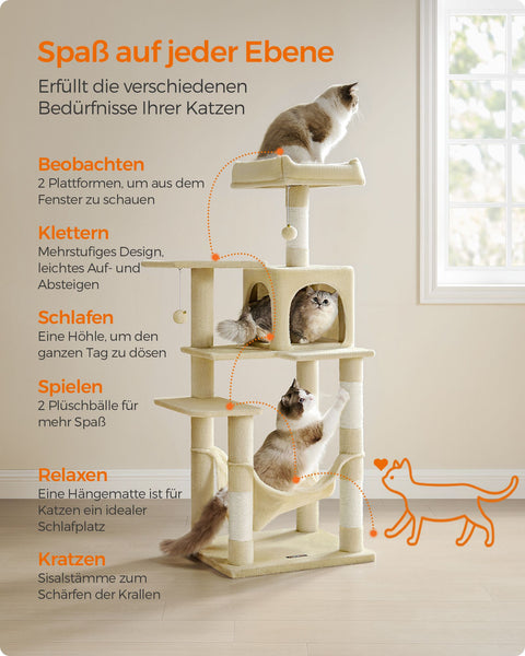 Rootz Cat Scratching Post - Cat Tree - Cat Condo - Chipboard - Plush - Sisal Scratcher - 55cm x 45cm x 143cm - Beige - 13kg - 40kg Capacity