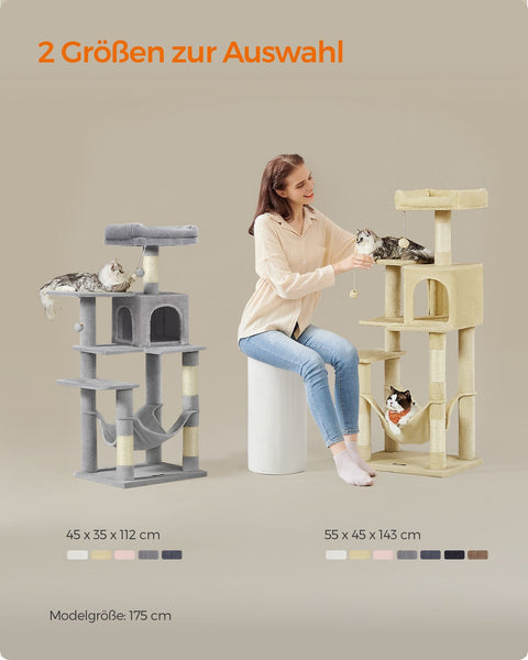 Rootz Cat Scratching Post - Cat Tree - Cat Condo - Chipboard - Plush - Sisal Scratcher - 55cm x 45cm x 143cm - Beige - 13kg - 40kg Capacity