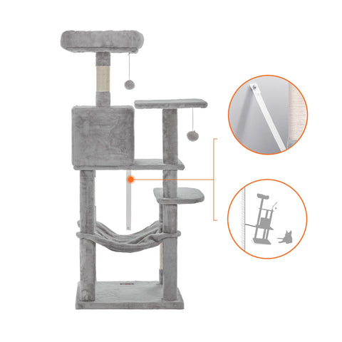 Rootz Cat Scratching Post - Kitty Condo - Cat Tree - Plush Cover - Cozy Cave - Sturdy Hammock - Viewing Platform - Fur Ball Toy - 60cm x 50cm x 90cm