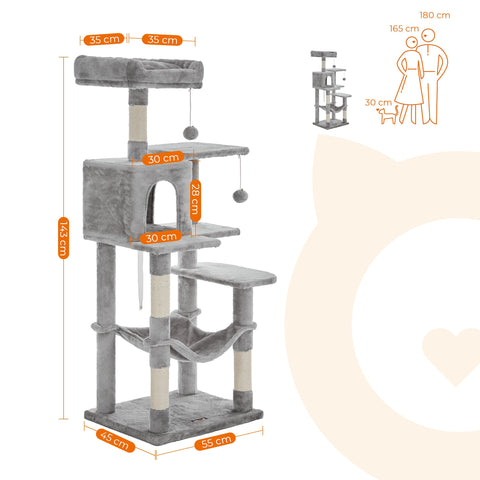 Rootz Cat Scratching Post - Kitty Condo - Cat Tree - Plush Cover - Cozy Cave - Sturdy Hammock - Viewing Platform - Fur Ball Toy - 60cm x 50cm x 90cm