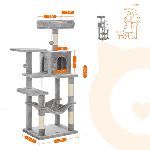 Rootz Cat Scratching Post - Kitty Condo - Cat Tree - Plush Cover - Cozy Cave - Sturdy Hammock - Viewing Platform - Fur Ball Toy - 60cm x 50cm x 90cm