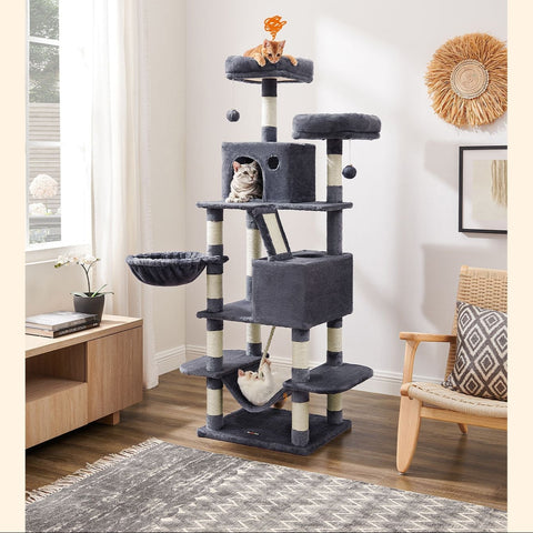 Rootz Multi-Story Cat Scratching Post - Cat Tree - Cat Condo - High-Quality Materials - Cozy Plush - 2 Caves - Basket - Hammock - Protects Furniture - Chipboard - Sisal - Smoke Gray - 55cm x 45cm x 168cm