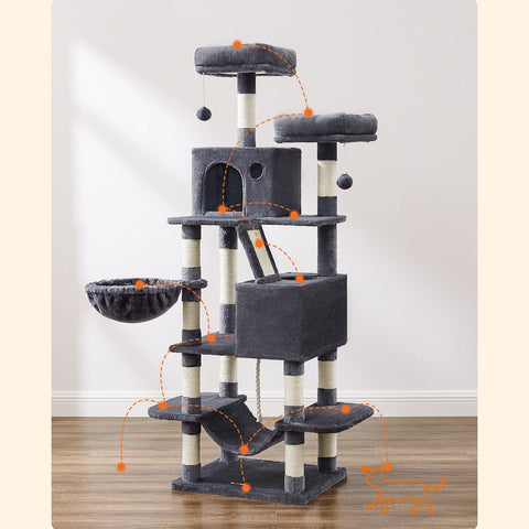 Rootz Multi-Story Cat Scratching Post - Cat Tree - Cat Condo - High-Quality Materials - Cozy Plush - 2 Caves - Basket - Hammock - Protects Furniture - Chipboard - Sisal - Smoke Gray - 55cm x 45cm x 168cm