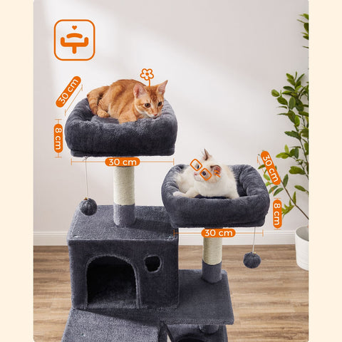 Rootz Multi-Story Cat Scratching Post - Cat Tree - Cat Condo - High-Quality Materials - Cozy Plush - 2 Caves - Basket - Hammock - Protects Furniture - Chipboard - Sisal - Smoke Gray - 55cm x 45cm x 168cm
