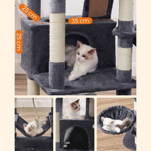 Rootz Multi-Story Cat Scratching Post - Cat Tree - Cat Condo - High-Quality Materials - Cozy Plush - 2 Caves - Basket - Hammock - Protects Furniture - Chipboard - Sisal - Smoke Gray - 55cm x 45cm x 168cm