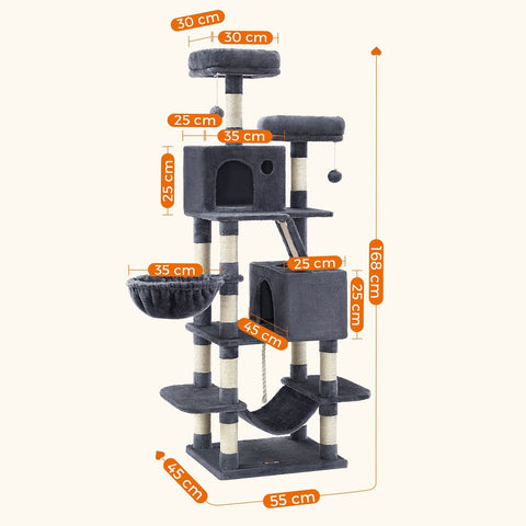 Rootz Multi-Story Cat Scratching Post - Cat Tree - Cat Condo - High-Quality Materials - Cozy Plush - 2 Caves - Basket - Hammock - Protects Furniture - Chipboard - Sisal - Smoke Gray - 55cm x 45cm x 168cm