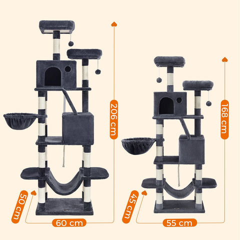 Rootz Multi-Story Cat Scratching Post - Cat Tree - Cat Condo - High-Quality Materials - Cozy Plush - 2 Caves - Basket - Hammock - Protects Furniture - Chipboard - Sisal - Smoke Gray - 55cm x 45cm x 168cm