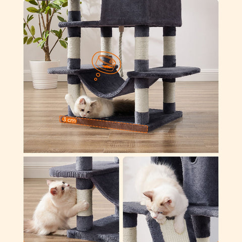 Rootz Multi-Story Cat Scratching Post - Cat Tree - Cat Condo - High-Quality Materials - Cozy Plush - 2 Caves - Basket - Hammock - Protects Furniture - Chipboard - Sisal - Smoke Gray - 55cm x 45cm x 168cm