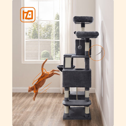 Rootz Multi-Story Cat Scratching Post - Cat Tree - Cat Condo - High-Quality Materials - Cozy Plush - 2 Caves - Basket - Hammock - Protects Furniture - Chipboard - Sisal - Smoke Gray - 55cm x 45cm x 168cm