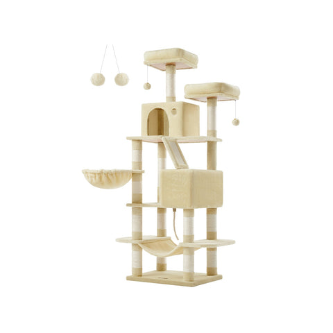 Rootz Beige Cat Scratching Post - Cat Tree - Cat Tower - Chipboard Plush Sisal - 55cm x 45cm x 168cm - 18.4kg - 65kg Load Capacity