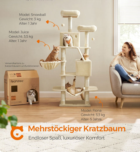 Rootz Large Scratching Post - Cat Tree - Climbing Tower - Chipboard Construction - Plush Cover - 55cm x 45cm x 168cm