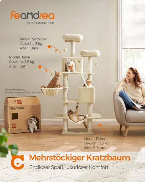 Rootz Beige Cat Scratching Post - Cat Tree - Cat Tower - Chipboard Plush Sisal - 55cm x 45cm x 168cm - 18.4kg - 65kg Load Capacity