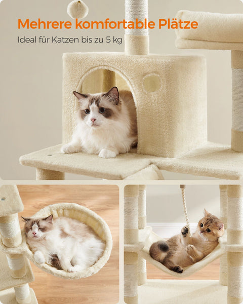 Rootz Beige Cat Scratching Post - Cat Tree - Cat Tower - Chipboard Plush Sisal - 55cm x 45cm x 168cm - 18.4kg - 65kg Load Capacity