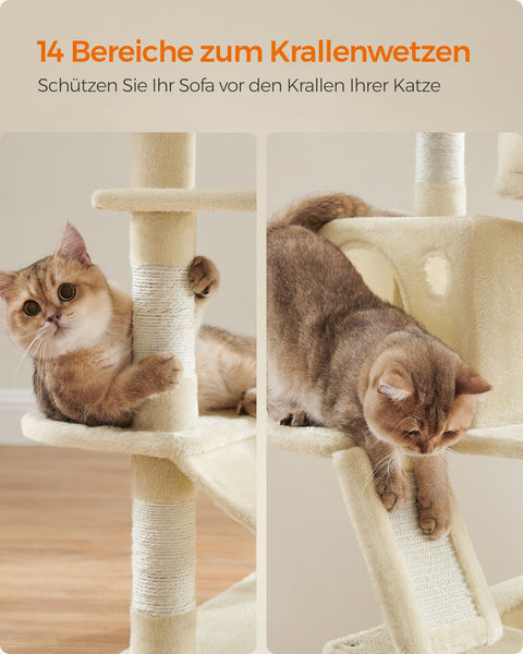 Rootz Beige Cat Scratching Post - Cat Tree - Cat Tower - Chipboard Plush Sisal - 55cm x 45cm x 168cm - 18.4kg - 65kg Load Capacity