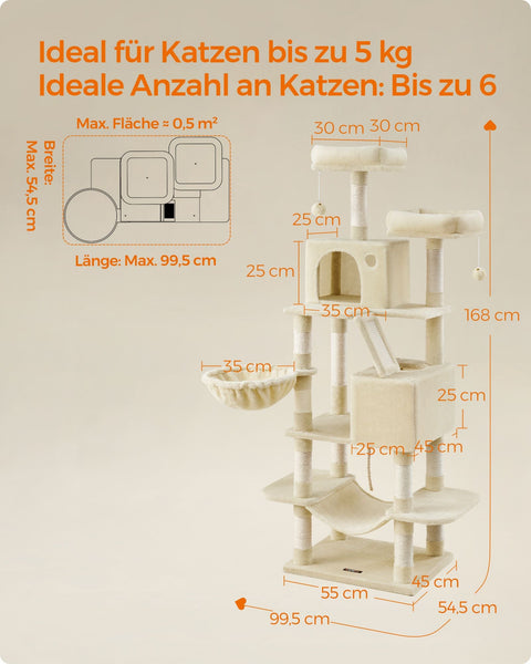 Rootz Large Scratching Post - Cat Tree - Climbing Tower - Chipboard Construction - Plush Cover - 55cm x 45cm x 168cm
