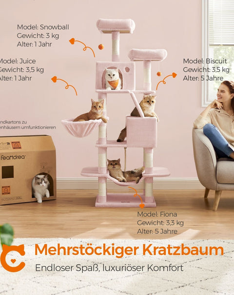 Rootz Pastel Pink Cat Scratching Post - Cat Tree - Cat Climber - Chipboard Plush Sisal - 65kg Load Capacity - 55cm x 45cm x 168cm