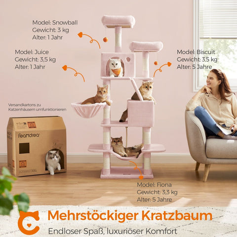 Rootz Scratching Post - Cat Tree - Scratcher - Chipboard Plush - Sisal - Large 55cm x 45cm x 168cm - 18.4kg - Max 65kg - Pastel Pink