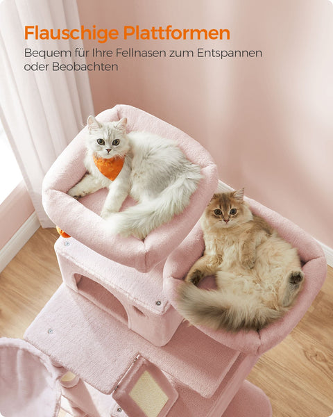 Rootz Pastel Pink Cat Scratching Post - Cat Tree - Cat Climber - Chipboard Plush Sisal - 65kg Load Capacity - 55cm x 45cm x 168cm