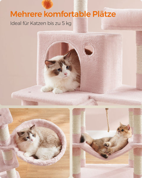 Rootz Pastel Pink Cat Scratching Post - Cat Tree - Cat Climber - Chipboard Plush Sisal - 65kg Load Capacity - 55cm x 45cm x 168cm