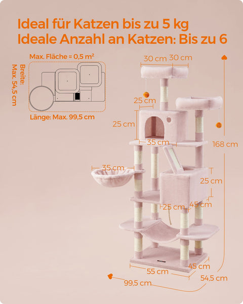 Rootz Scratching Post - Cat Tree - Scratcher - Chipboard Plush - Sisal - Large 55cm x 45cm x 168cm - 18.4kg - Max 65kg - Pastel Pink