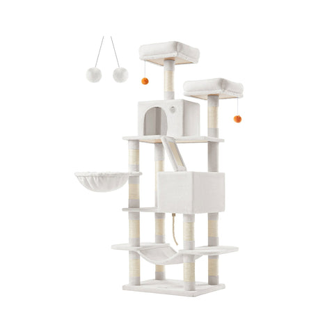 Rootz Scratching Post - Cat Tree - Cat Tower - Chipboard - Plush - Sisal - 55cm x 45cm x 168cm - Cream White - 18.4kg - Max Load 65kg