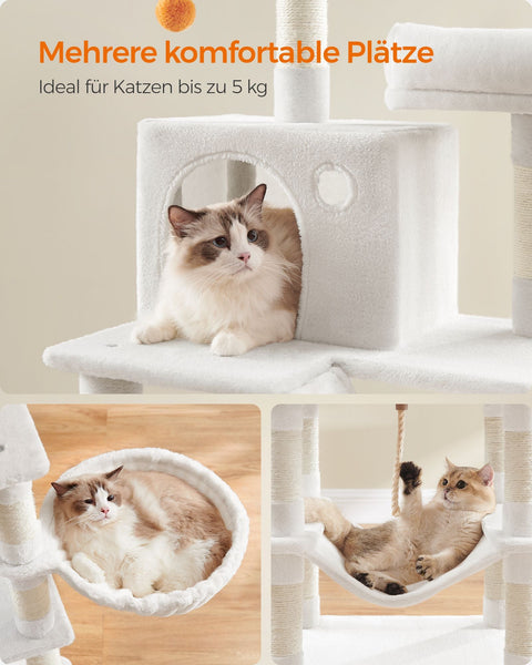 Rootz Scratching Post - Cat Tree - Cat Tower - Chipboard - Plush - Sisal - 55cm x 45cm x 168cm - Cream White - 18.4kg - Max Load 65kg