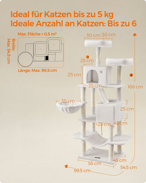 Rootz Scratching Post - Cat Tree - Cat Tower - Chipboard - Plush - Sisal - 55cm x 45cm x 168cm - Cream White - 18.4kg - Max Load 65kg